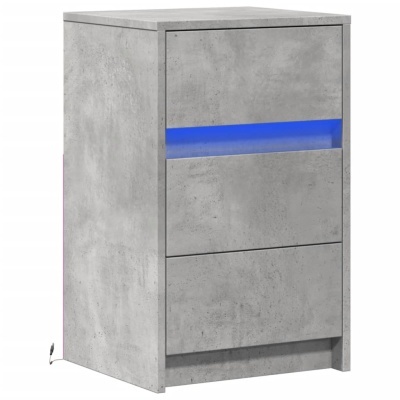 Cômoda cinzenta com três gavetas e faixa azul luminosa na parte superior