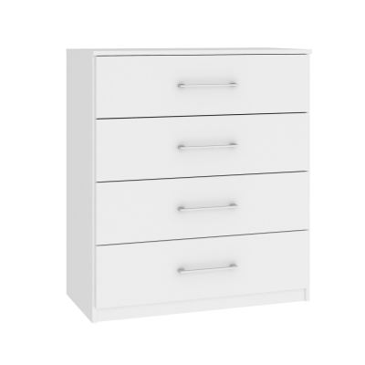Cômoda branca de quatro gavetas com puxadores metálicos