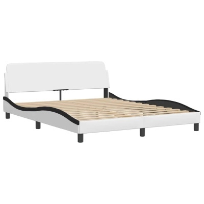 Estrado de cama branco com detalhes pretos e suporte de ripas de madeira