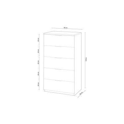 Desenho técnico de cómoda branca com cinco gavetas e dimensões em centímetros.