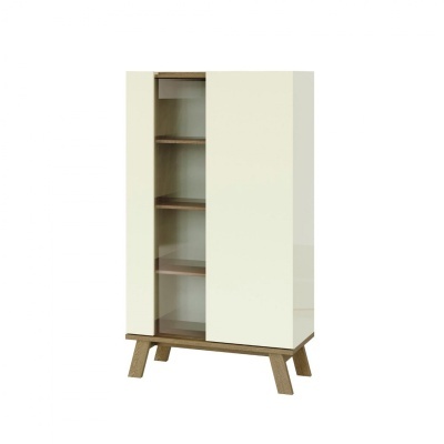 Armário alto branco com porta de vidro e prateleiras internas