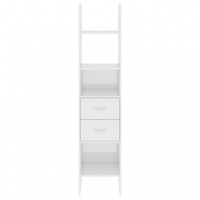 Estante alta branca com duas gavetas e prateleiras abertas.