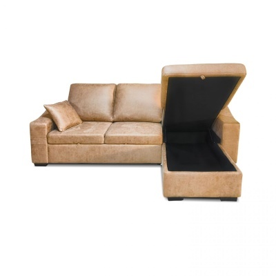 Sofá chaise longue castanho claro com compartimento aberto na chaise