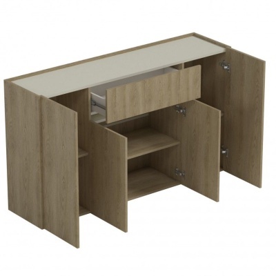 Aparador em madeira carvalho claro com tampo branco e portas e gaveta abertas