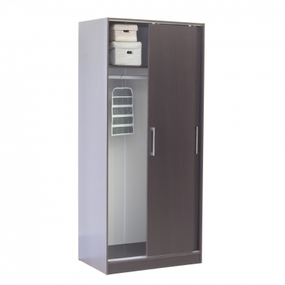 Armário de madeira com duas portas, caixas de arrumação e suporte de tecido pendurado