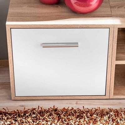 Móvel de madeira com porta branca e puxador metálico