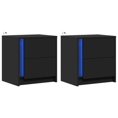 Par de mesas-de-cabeceira pretas com luz LED azul nas laterais