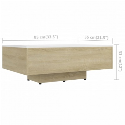 Mesa de centro em madeira clara com tampo branco e dimensões visíveis
