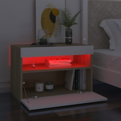 Mesa de cabeceira moderna com LED vermelho ao lado de cama