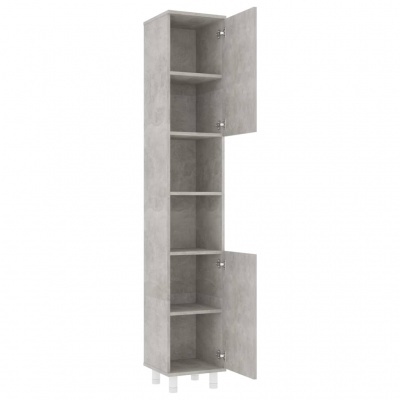 Móvel alto vertical cinza claro com portas e prateleiras