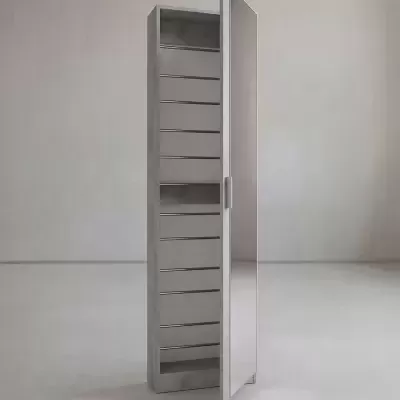 Armário alto cinzento com porta espelhada e prateleiras