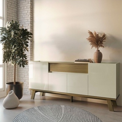 Aparador branco e castanho com decoração e planta interior