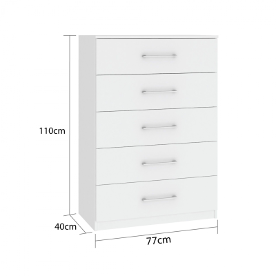 Cómoda branca de cinco gavetas com puxadores metálicos e medidas 110x77x40 cm