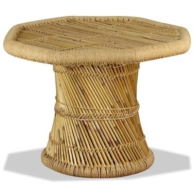 Mesa arredondada em rattan trançado com acabamento em corda