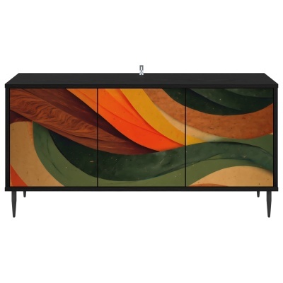 Aparador moderno preto com portas decoradas em padrão abstrato ondulado colorido