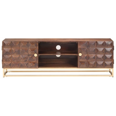 Móvel de madeira escura com textura 3D geométrica e base dourada