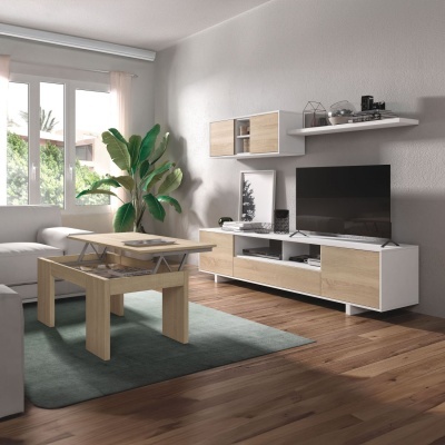 Móveis de sala modernos com mesa de centro elevatória, aparador e prateleira em madeira clara e branca, tapete verde escuro e planta decorativa.