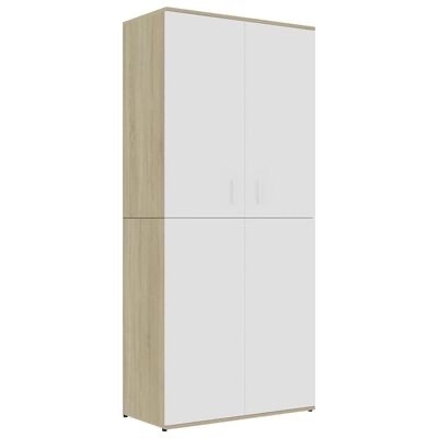 Armário alto de quatro portas em madeira clara com portas brancas