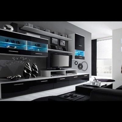 Conjunto de móveis modernos para sala de estar em preto e cinza com iluminação azul