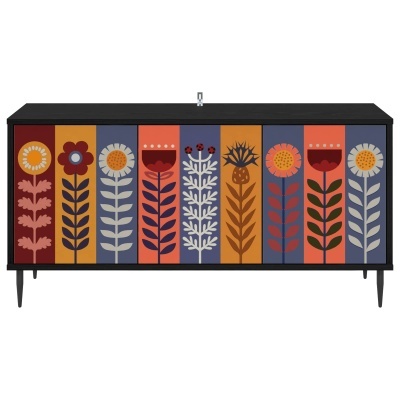 Móvel com decoração colorida de painéis florais verticais