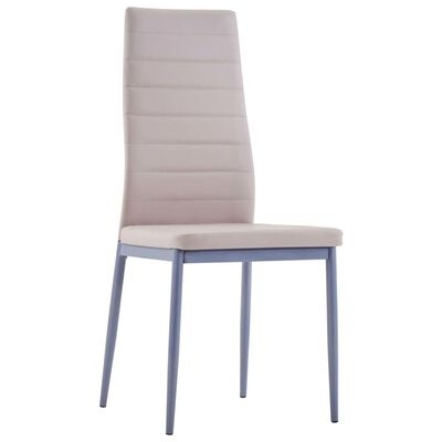 Cadeira estofada creme com estrutura metálica azul e costuras horizontais no encosto