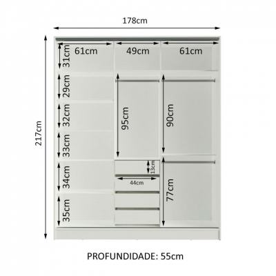 Roupeiro branco com várias divisórias e medidas
