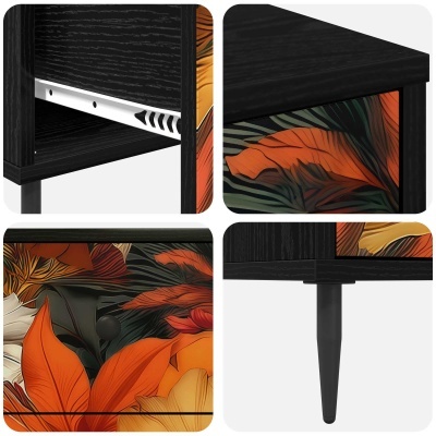 Mesa preta com padrão floral laranja e verde nas gavetas