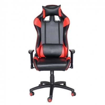 Cadeira de escritório gaming em couro sintético preto e vermelho com apoio de cabeça e lombar