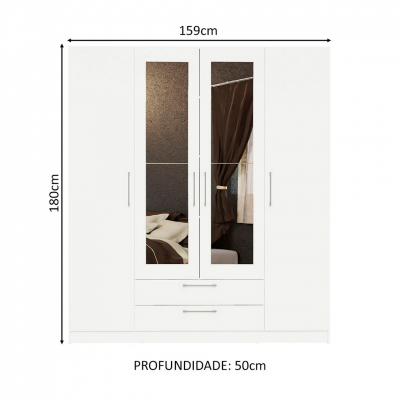 Roupeiro branco de quatro portas com espelhos centrais e duas gavetas