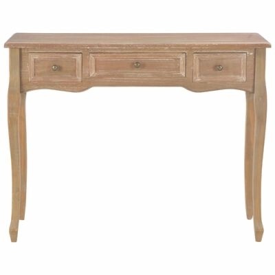 Mesa de madeira rústica com três gavetas e pernas curvas