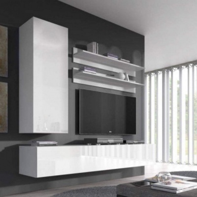 Móvel de sala branco moderno com televisão na parede cinzenta