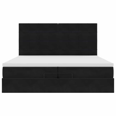 Cama preta acolchoada com colchão branco, vista frontal