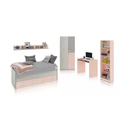 Conjunto de mobiliário de quarto com cama, guarda-roupa, secretária e estante cor de rosa e cinza.