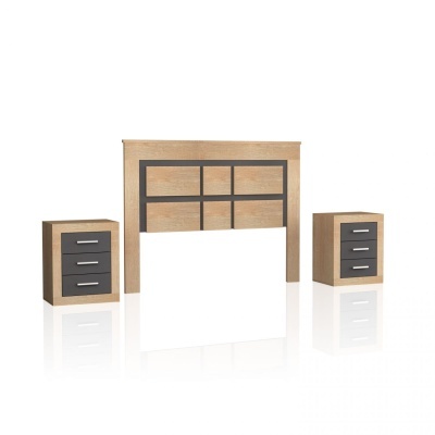 Conjunto de móveis para quarto em madeira clara com detalhes cinzentos e gavetas