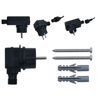 Adaptadores de tomada pretos com parafusos e buchas cinzentas sobre fundo branco