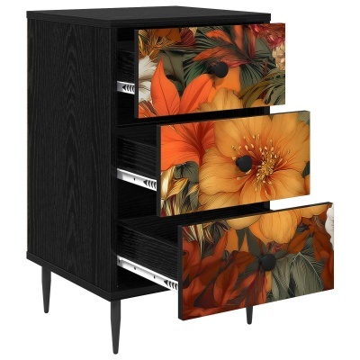 Móvel preto com gavetas decoradas com padrão floral colorido e puxadores pretos