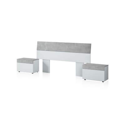 Conjunto mobiliário branco com tampo cinzento e acolchoado, composto por cabeceira e duas mesas de cabeceira