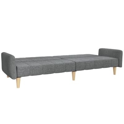 Sofá-cama cinzento em tecido com apoio lateral e pés de madeira clara