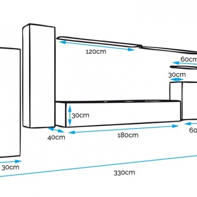 Desenho técnico de móvel modular com dimensões em centímetros