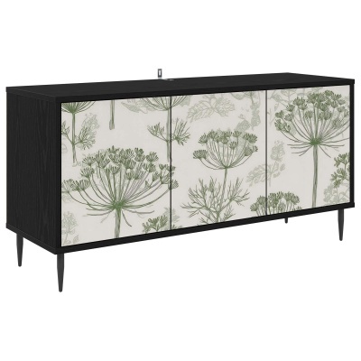 Aparador preto com portas decoradas com padrão floral verde e bege