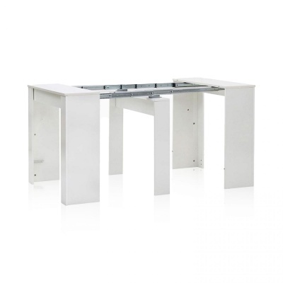 Mesa extensível branca com estrutura metálica visível para suporte da extensão