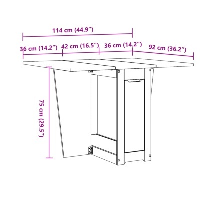 Esquema técnico de uma mesa com medidas em cm e polegadas.