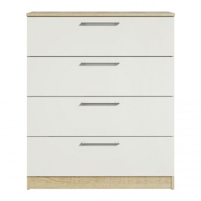 Cômoda branca com quatro gavetas e estrutura em madeira clara