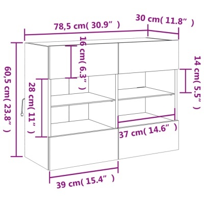 Estante branca com prateleiras e gavetas com medidas em centímetros e polegadas