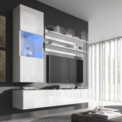 Móvel de sala moderno branco lacado com iluminação azul e TV numa parede cinza escura