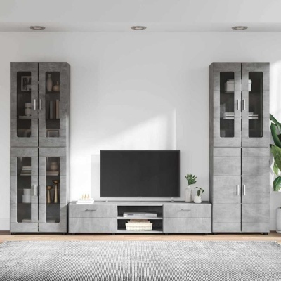 Mobiliário de sala cinza com armários altos e móvel para TV