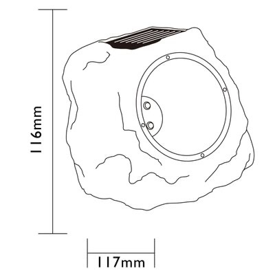 Objeto em forma de pedra com painel solar e estrutura circular frontal, medidas 116x117mm.