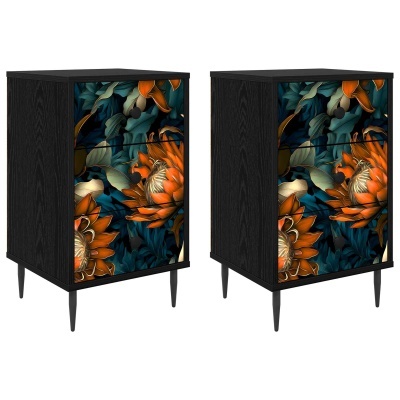 Dois móveis pretos com gavetas decoradas floral em tons de laranja, verde e azul
