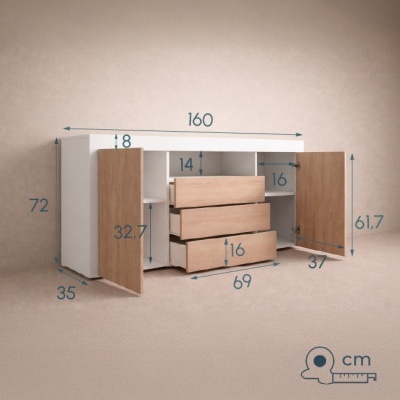 aparador em madeira com gavetas e portas abertas com medidas em centímetros