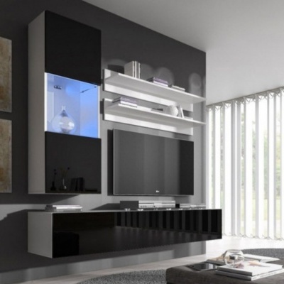 Móvel de sala moderno preto e branco com televisão e prateleiras